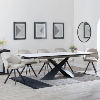 GET 2 CHAIRS FREE - Clearance - Hayden White 160-240cm Dining Set with Ion Beige Swivel Chairs