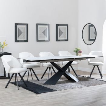 Clearance - Hayden White Ceramic 160-240cm Extending Dining Set with Ion Cream Boucle Swivel Chairs