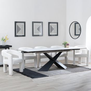 Clearance - Hayden White Ceramic 160cm-240cm Extending Dining Set with Kiefer Cream Boucle Chairs
