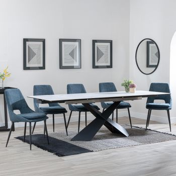 GET 2 CHAIRS FREE - Clearance - Hayden White Ceramic 160-240cm Dining Set with Peyton Blue Chairs