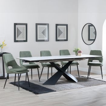 GET 2 CHAIRS FREE - Clearance - Hayden White Ceramic 160-240cm Dining Set with Peyton Green Chairs