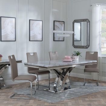 Lisbon Grey Marble and Chrome 6 Seater 160cm Dining Set with Bianco Beige Faux Leather Dining Chairs