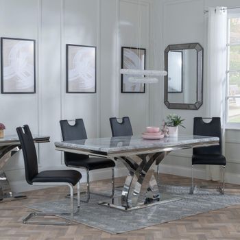 Lisbon Grey Marble and Chrome 6 Seater 160cm Dining Set with Bianco Black Faux Leather Dining Chairs
