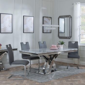 Lisbon Grey Marble and Chrome 6 Seater 160cm Dining Set with Bianco Grey Faux Leather Dining Chairs