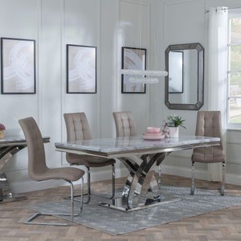 Lisbon Grey Marble and Chrome 6 Seater 160cm Dining Set with Jamison Beige Faux Leather Chairs