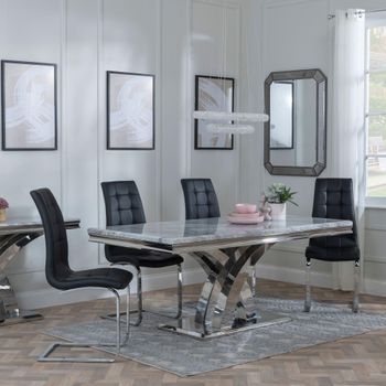 Lisbon Grey Marble and Chrome 6 Seater 160cm Dining Set with Jamison Black Faux Leather Chairs