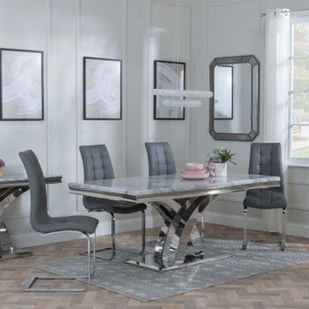 Lisbon Grey Marble and Chrome 6 Seater 160cm Dining Set with Jamison Grey Faux Leather Dining Chairs