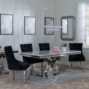 Lisbon Grey Marble and Chrome 6 Seater 160cm Dining Set with Knocker Black Chairs & Chrome Legs