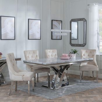 Lisbon Grey Marble and Chrome 6 Seater 160cm Dining Set with Knocker Champagne Chairs & Chrome Legs