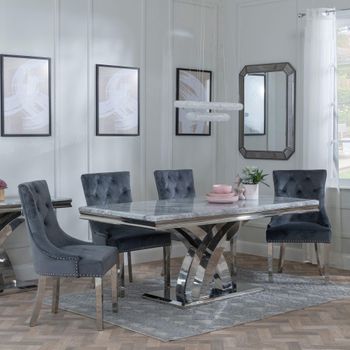 Lisbon Grey Marble and Chrome 6 Seater 160cm Dining Set with Knocker Grey Chairs & Chrome Legs