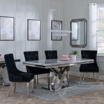 Lisbon Grey Marble 6 Seater 160cm Dining Set with Lion Knocker Black Chairs & Chrome Legs