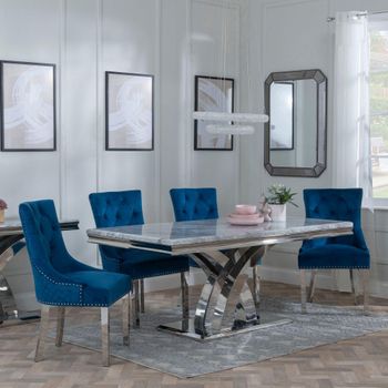 Lisbon Grey Marble 6 Seater 160cm Dining Set with Lion Knocker Blue Chairs & Chrome Legs