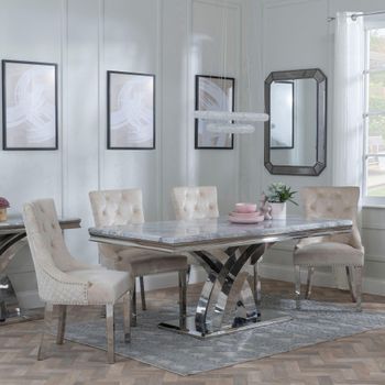 Lisbon Grey Marble 6 Seater 160cm Dining Set with Lion Knocker Champagne Chairs & Chrome Legs