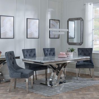 Lisbon Grey Marble 6 Seater 160cm Dining Set with Lion Knocker Grey Chairs & Chrome Legs