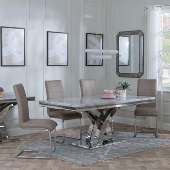 Lisbon Grey Marble and Chrome 6 Seater 160cm Dining Set with Roma Beige Faux Leather Dining Chairs