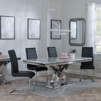 Lisbon Grey Marble and Chrome 6 Seater 160cm Dining Set with Roma Black Faux Leather Dining Chairs