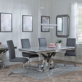 Lisbon Grey Marble and Chrome 6 Seater 160cm Dining Set with Roma Grey Faux Leather Dining Chairs
