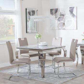 Louis Grey Marble and Chrome 4 Seater 100cm Square Dining Set with 4 Bianco Beige Chairs