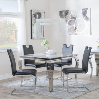 Louis Grey Marble and Chrome 4 Seater 100cm Square Dining Set with 4 Bianco Black Chairs