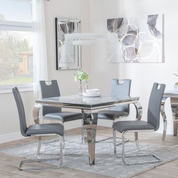 Louis Grey Marble and Chrome 4 Seater 100cm Square Dining Set with 4 Bianco Grey Chairs