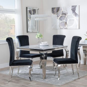 Louis Grey Marble and Chrome 4 Seater 100cm Square Dining Set with 4 Black Velvet Chairs