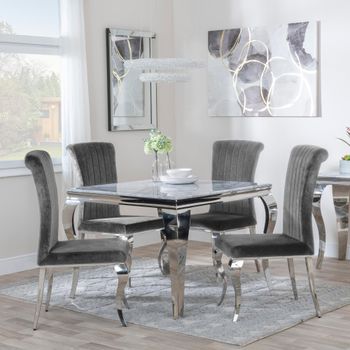 Louis Grey Marble and Chrome 4 Seater 100cm Square Dining Set with 4 Grey Velvet Chairs