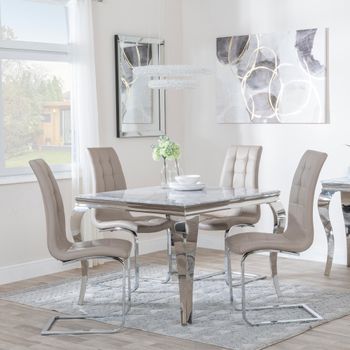 Louis Grey Marble and Chrome 4 Seater 100cm Square Dining Set with 4 Jamison Beige Chairs