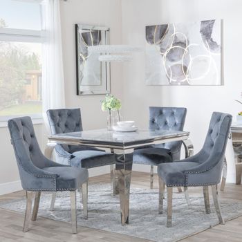 Louis Grey Marble and Chrome 4 Seater 100cm Dining Set with 4 Knocker Grey Chairs & Chrome Legs