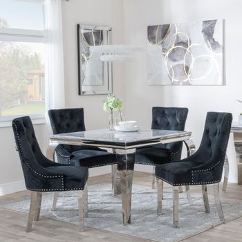 Louis Grey Marble 4 Seater 100cm Dining Set with 4 Lion Knocker Black Chairs & Chrome Legs