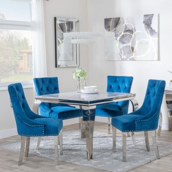 Louis Grey Marble 4 Seater 100cm Dining Set with 4 Lion Knocker Blue Chairs & Chrome Legs