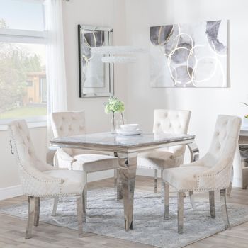 Louis Grey Marble 4 Seater 100cm Square Dining Set with 4 Lion Knocker Back Champagne Chairs