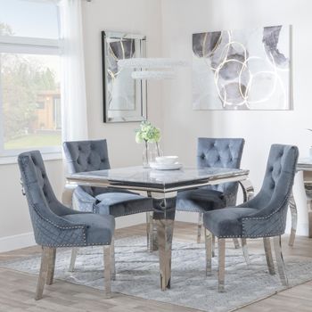 Louis Grey Marble and Chrome 4 Seater 100cm Square Dining Set with 4 Lion Knocker Grey Chairs & Chrome Legs