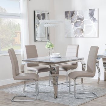 Louis Grey Marble and Chrome 4 Seater 100cm Square Dining Set with 4 Roma Beige Faux Leather Chairs