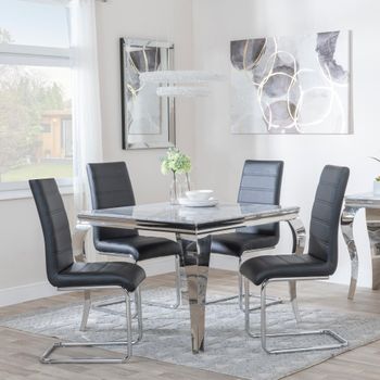 Louis Grey Marble and Chrome 4 Seater 100cm Square Dining Set with 4 Roma Black Faux Leather Chairs