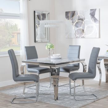 Louis Grey Marble and Chrome 4 Seater 100cm Square Dining Set with 4 Roma Grey Faux Leather Chairs