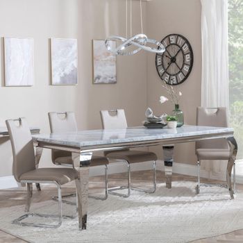 Louis Grey Marble and Chrome 4 Seater 140cm Dining Set with Bianco Beige Faux Leather Dining Chairs