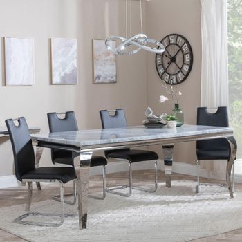 Louis Grey Marble and Chrome 4 Seater 140cm Dining Set with Bianco Black Faux Leather Dining Chairs
