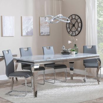 Louis Grey Marble and Chrome 4 Seater 140cm Dining Set with Bianco Grey Faux Leather Dining Chairs