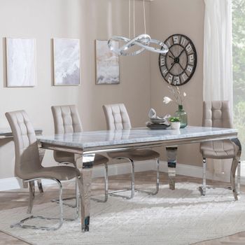 Louis Grey Marble and Chrome 4 Seater 140cm Dining Set with Jamison Beige Faux Leather Dining Chairs