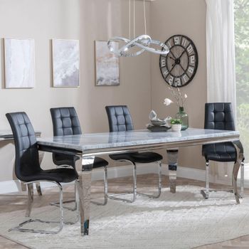 Louis Grey Marble and Chrome 4 Seater 140cm Dining Set with Jamison Black Faux Leather Dining Chairs