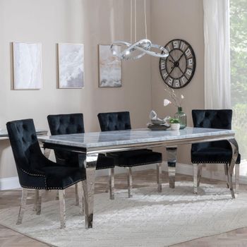 Louis Grey Marble and Chrome 4 Seater 140cm Dining Set with Knocker Black Chairs & Chrome Legs