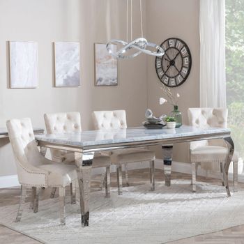 Louis Grey Marble and Chrome 4 Seater 140cm Dining Set with Knocker Champagne Chairs & Chrome Legs