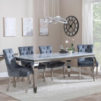 Louis Grey Marble and Chrome 4 Seater 140cm Dining Set with Knocker Grey Chairs & Chrome Legs