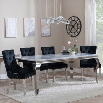 Louis Grey Marble 4 Seater 140cm Dining Set with Lion Knocker Black Chairs & Chrome Legs