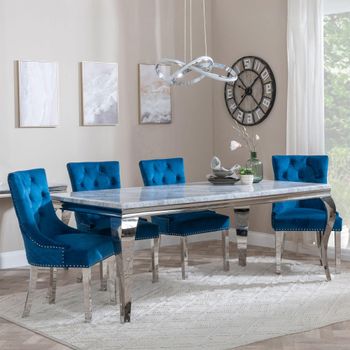 Louis Grey Marble 4 Seater 140cm Dining Set with Lion Knocker Blue Chairs & Chrome Legs