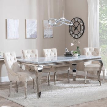 Louis Grey Marble 4 Seater 140cm Dining Set with Lion Knocker Champagne Chairs & Chrome Legs