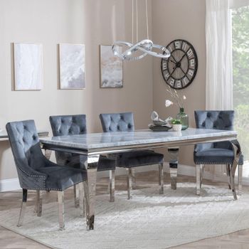 Louis Grey Marble 4 Seater 140cm Dining Set with Lion Knocker Grey Chairs & Chrome Legs