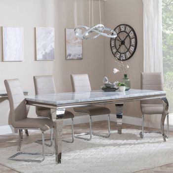 Louis Grey Marble and Chrome 4 Seater 140cm Dining Set with Roma Beige Faux Leather Dining Chairs