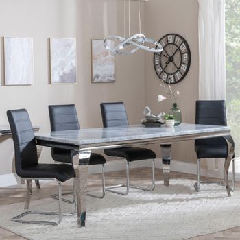 Louis Grey Marble and Chrome 4 Seater 140cm Dining Set with Roma Black Faux Leather Dining Chairs