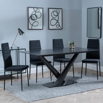 Clearance - Maldon Black Ceramic 6 Seater 160cm Dining Set with Lido Black Chairs & Black Legs